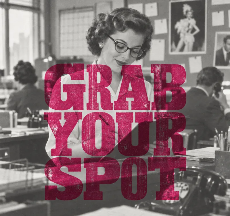 Grab your spot: magenta wood type over a vintage photo of a secretary writing on a clipboard